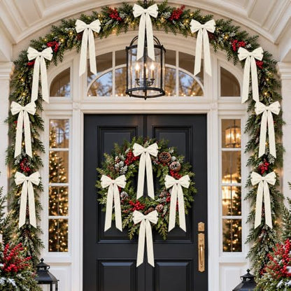 JOICEE 12Pcs Beige Velvet Bows Ornaments for Christmas Tree Decor