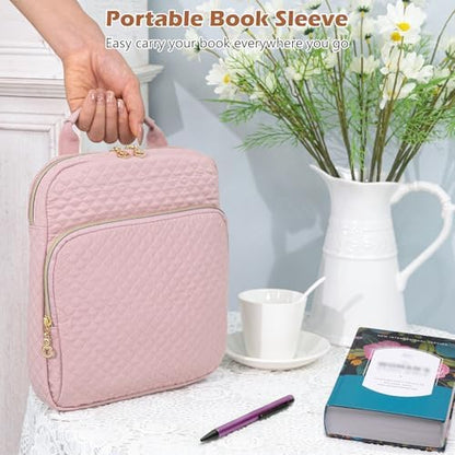 Book Sleeve with Zipper,Quilted Book Carrier with Handle & Pockets