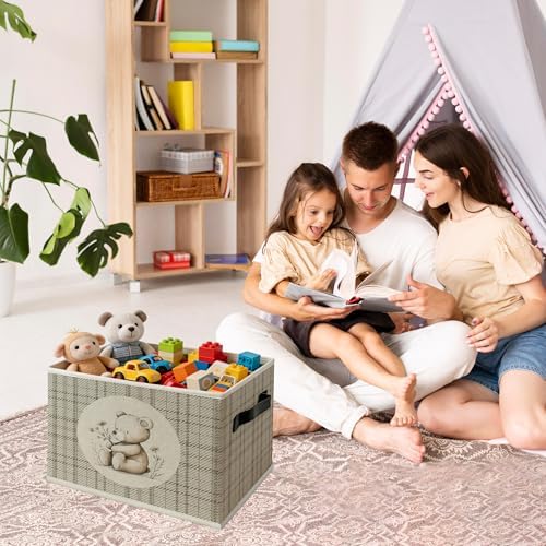 Bear Nursery Foldable Storage Bins Box with Handles, Neutral Gingham