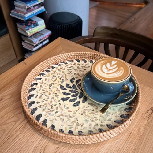 14 inch Round Rattan Tray Home Decor, Wicker Serving Tray with Mother