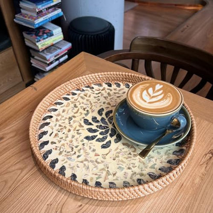 14 inch Round Rattan Tray Home Decor, Wicker Serving Tray with Mother