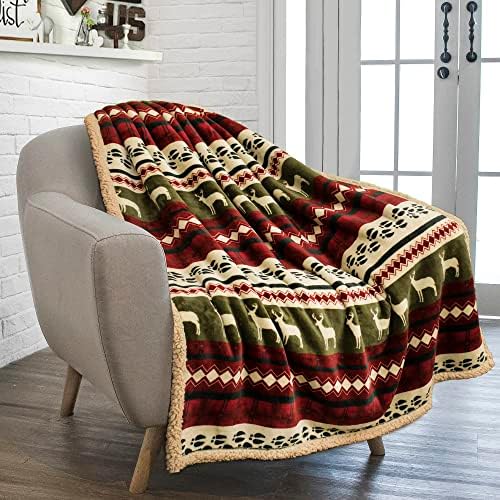 PAVILIA Premium Christmas Sherpa Throw Blanket, Green Red Cabin Design