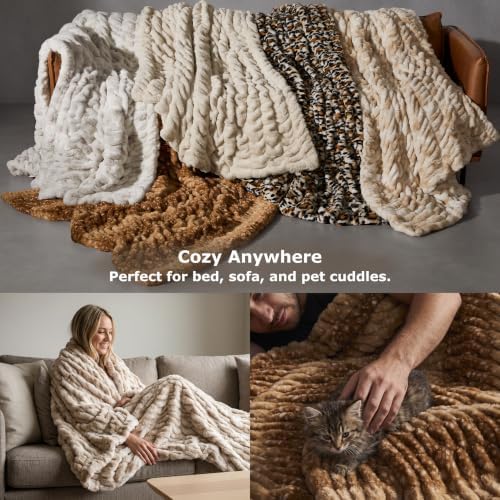 palassio Double-Sided Ruched Faux Fur Throw Blanket, Oatmeal, 50" x