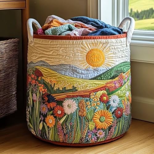 Quilted Sun Mountain Wildflower Round Fabric Storage Bin(22×16in)
