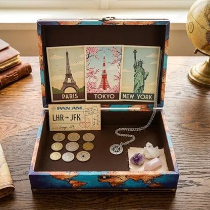DreamsEden Decorative Wooden Storage Box with Vintage World Map Design