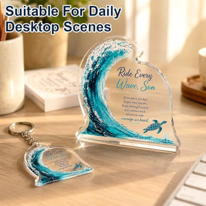 Son Gifts From Mom, Inspirational Wave Acrylic Plaque with Keychain