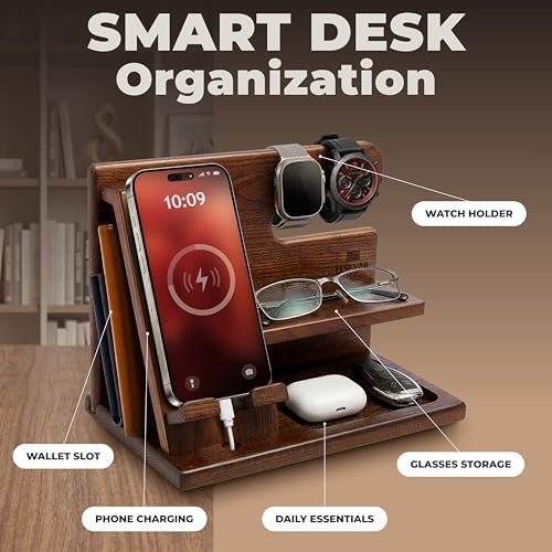 TESLYAR Wood Phone Docking Station for Men - Desktop or Nightstand