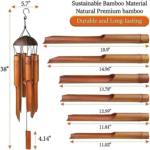38" Bamboo Wind Chimes, 6 Pipes Handcrafted Wooden Outdoor Decor