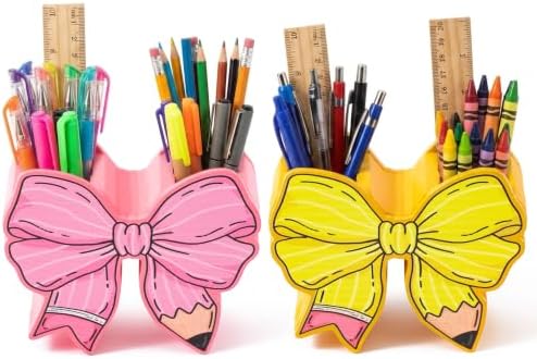 WATINC Bow Pencil and Pen Holder for Desk, 2 Pink Yellow Stationery