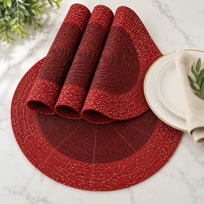 Beaded Placemats Set of 4, 13 Inch Round Red Charger Mats for Dining