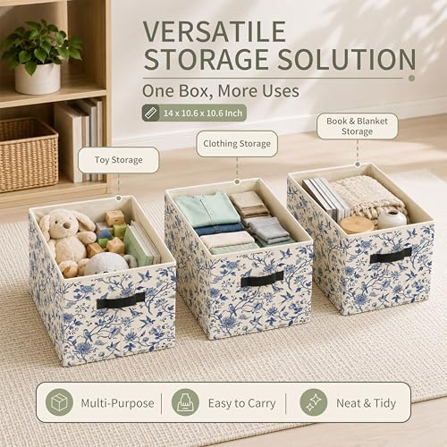 Chinoiserie Floral Bird Storage Bins with Handles, Blue and White