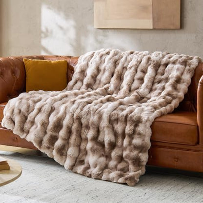 Fluffy Faux Fur Bubble Throw Blanket for Couch,Tie Dye Brown,50"x60"