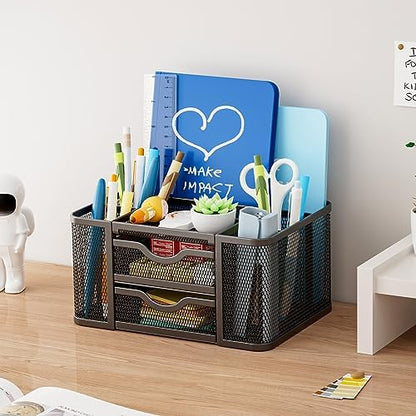 Marbrasse Mesh Desk Organizer, Pen Organizer with 2 Drawer