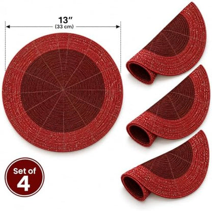 Beaded Placemats Set of 4, 13 Inch Round Red Charger Mats for Dining