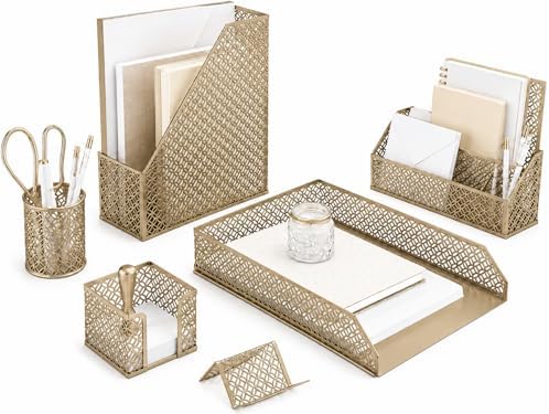 BLU MONACO | Gold Desk Organizer Set with Mail Sorter, Sticky Note