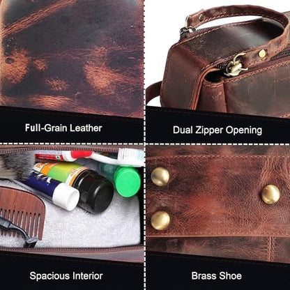 Leather Toiletry Bag for Men - Full Grain Travel Dopp Kit & Shaving