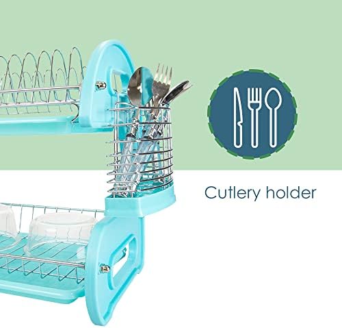 2 Tier Dish Drainer, by Home Basics (Turquoise) Dish Rack for Kitchen