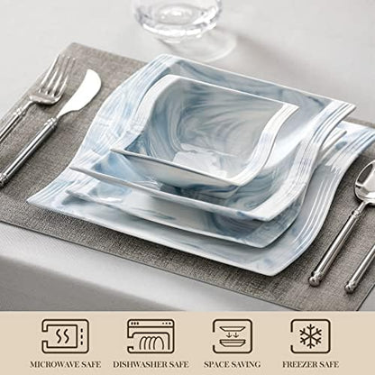 MALACASA Plates and Bowls Sets, 26 Piece Blue Dinnerware Sets for 6