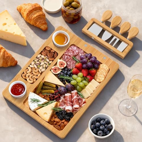 Bamboo Charcuterie Boards Gift Set, Cheese Board and Knife Set