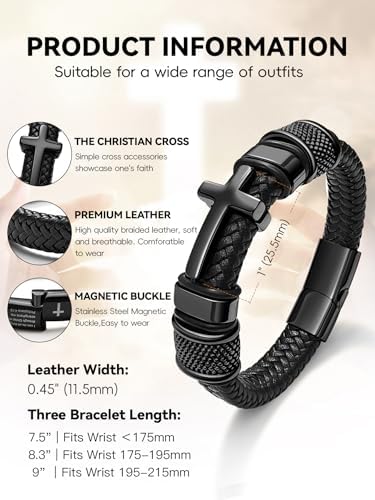 Black Cross Cuff Bracelet for Men, Philippians 4:13 Stainless Steel