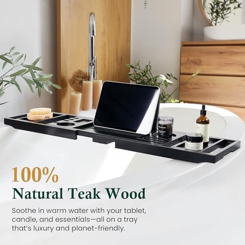 Teak Bathtub Tray, Adjustable Width Black Bath Caddy