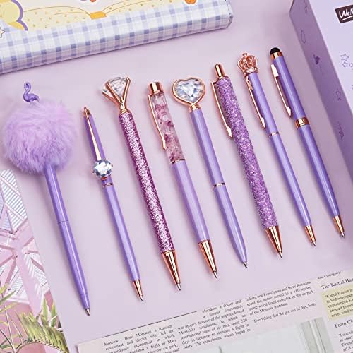 WEMATE 8Pcs Purple Pens, Metal Crystal Diamond Pens with Black & Blue