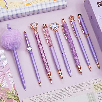 WEMATE 8Pcs Purple Pens, Metal Crystal Diamond Pens with Black & Blue