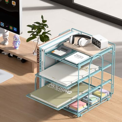 Teal Desk File Organizer and Accessories, 4-Tier Paper Organizer with