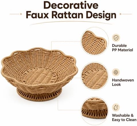 Faux Rattan Fruit Basket Tray, PP Handwoven Decorative Bowl for