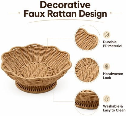 Faux Rattan Fruit Basket Tray, PP Handwoven Decorative Bowl for