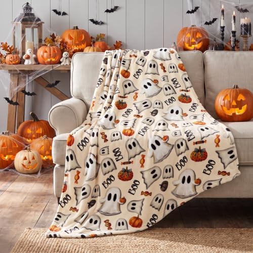 Horaldaily Halloween Beige Pumpkins Candy Ghost Flannel Throw Blanket