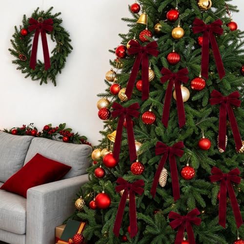 Mauproy 12 Pcs Burgundy Velvet Bows for Christmas Tree, 5” x 10”