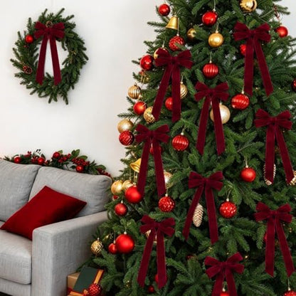 Mauproy 12 Pcs Burgundy Velvet Bows for Christmas Tree, 5” x 10”
