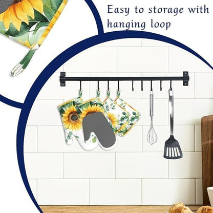 Sunflower Flowers Oven Mitts and Pot Holders Sets of 4 Watercolor