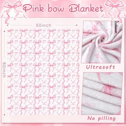 Buryeah Pink Bow Throw Blanket 50"x60" Soft Flannel for Girls Women