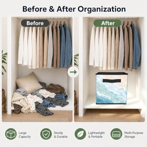 Fabric Storage Bins Closet Storage Bins - Coastal Beach Teal Ocean Art