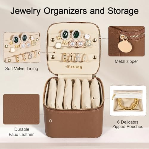 Travel Jewelry Case Organizer - Compact PU Leather Jewelry Box with 6