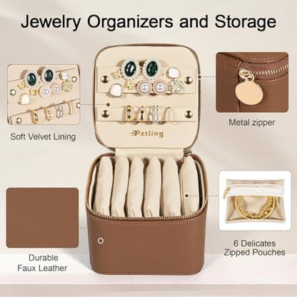 Travel Jewelry Case Organizer - Compact PU Leather Jewelry Box with 6