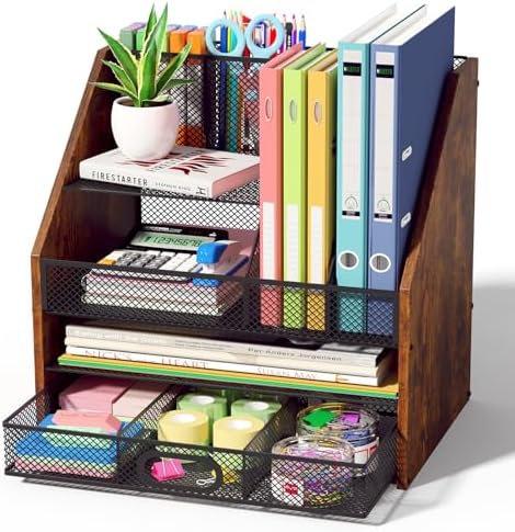 Homsorout Wooden Desk Organizer - Mesh File Organizer with Drawers and