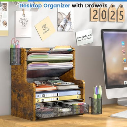 DAOUTIME 6-Tier Mesh Desk Organizer with Drawer, Wooden Office