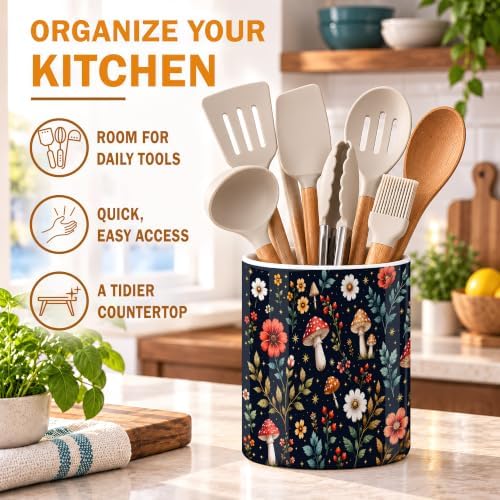Navy Woodland Mushrooms Ceramic Kitchen Utensil Holder 6.3"