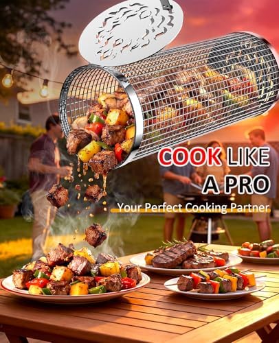 Rolling Grill Basket, Grill Gift for Men, Removable Wooden Handle, 304