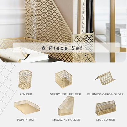 BLU MONACO | Gold Desk Organizer Set with Mail Sorter, Sticky Note