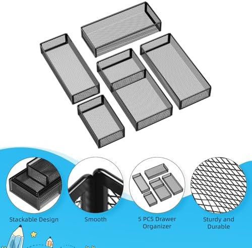Marbrasse 5 Pack Desk Drawer Organizer Set, Mesh Drawer Storage Trays