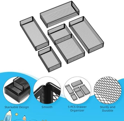Marbrasse 5 Pack Desk Drawer Organizer Set, Mesh Drawer Storage Trays