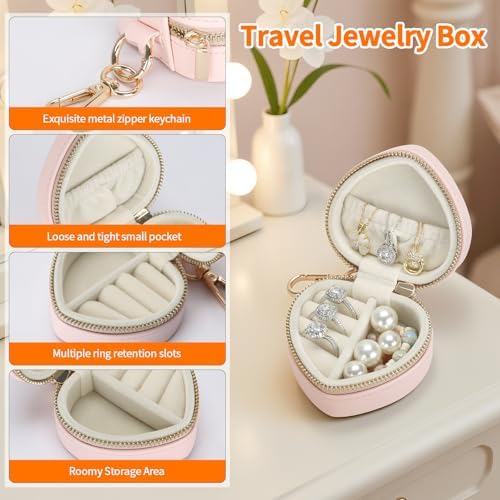 KUKUVR Mini Heart Travel Jewelry Box with Keychain (Pink)