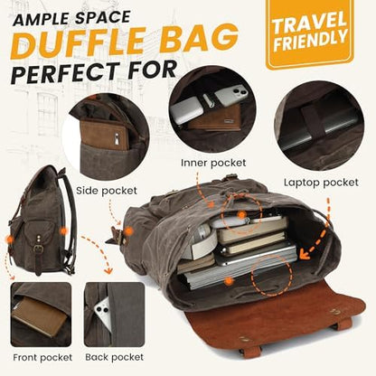 HuaChen Vintage Waxed Canvas Backpack with Genuine Leather Flap