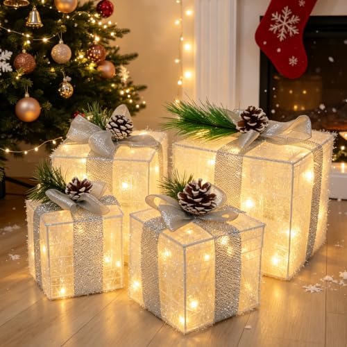 Hourleey Set of 4 Christmas Lighted Gift Boxes Warm White 70 LED