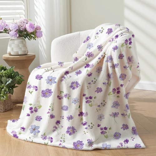 Floral Throw Blanket Purple Flowers Blanket Ultra Soft Flannel Fleece