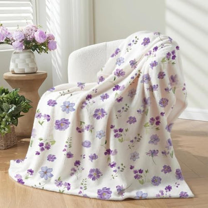Floral Throw Blanket Purple Flowers Blanket Ultra Soft Flannel Fleece